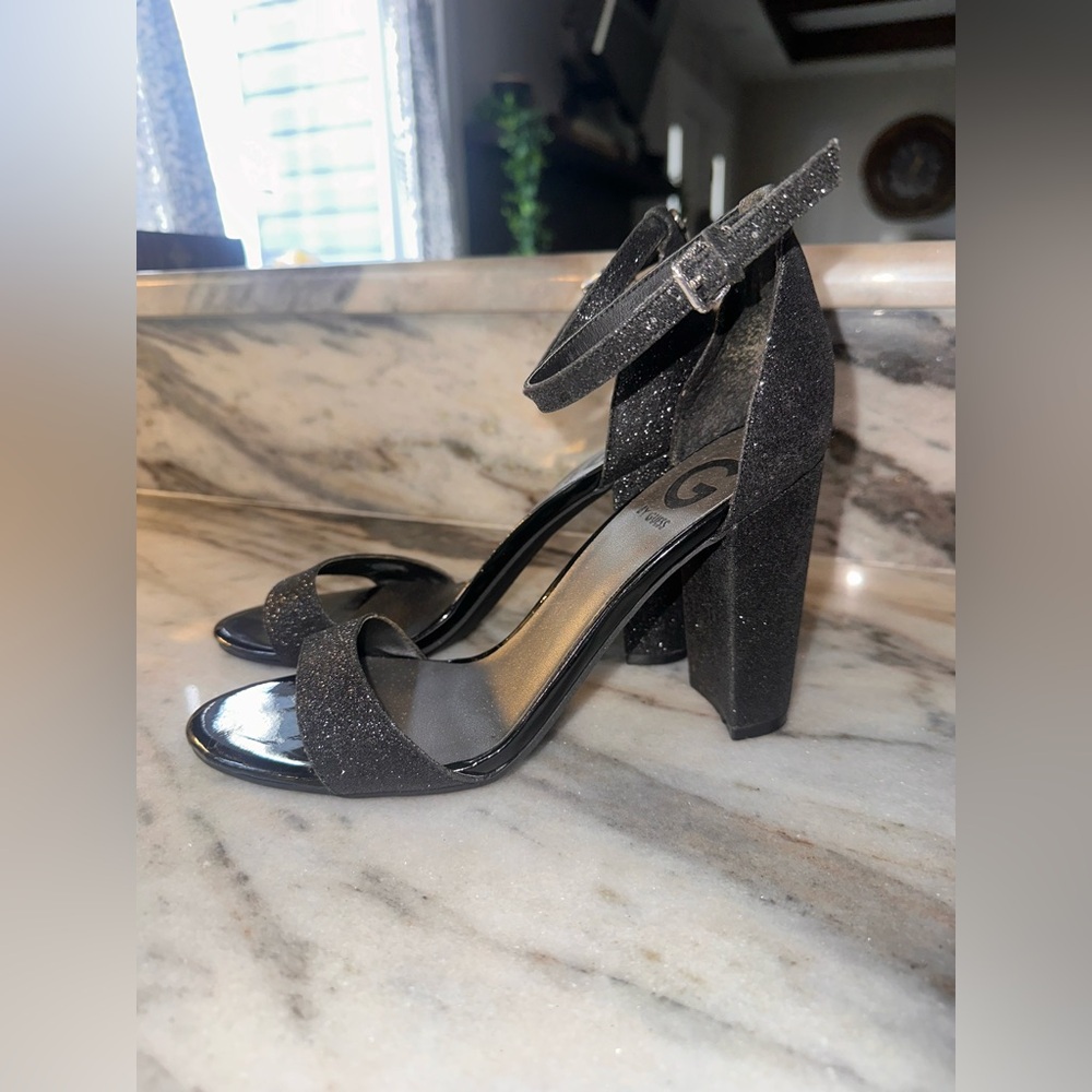 Guess Size 7.5 Black Glitter Women's‎ Block Strappy Heels Prom Formal Bridesmaid